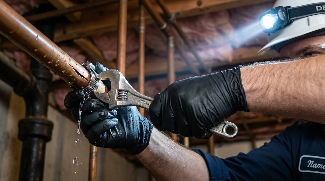 Emergency pipe clamp repair being performed by a Johns Plumbing LLC plumber in Galena