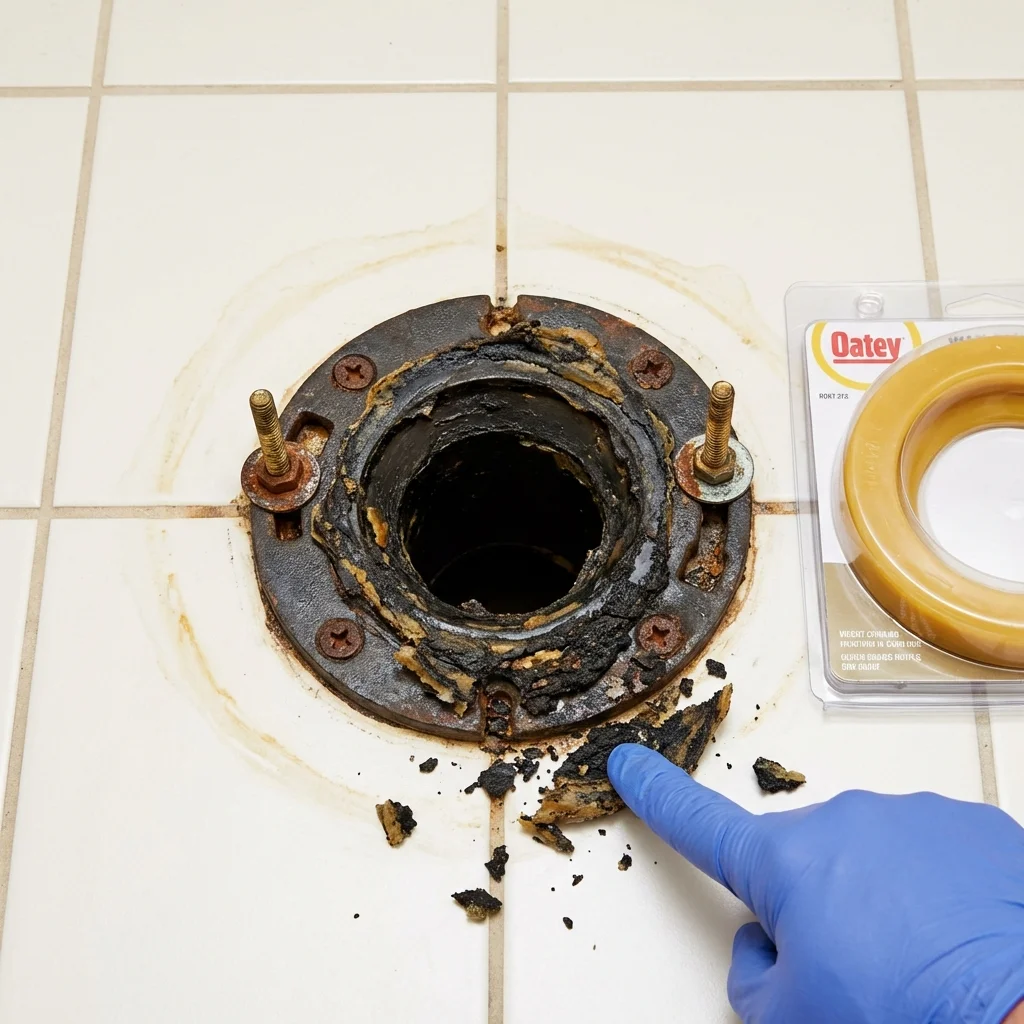 Failed wax ring showing water seepage at the base of a toilet in a Galena, IL home